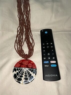 Beaded Brown Necklace with Red and Black Statement Pendant